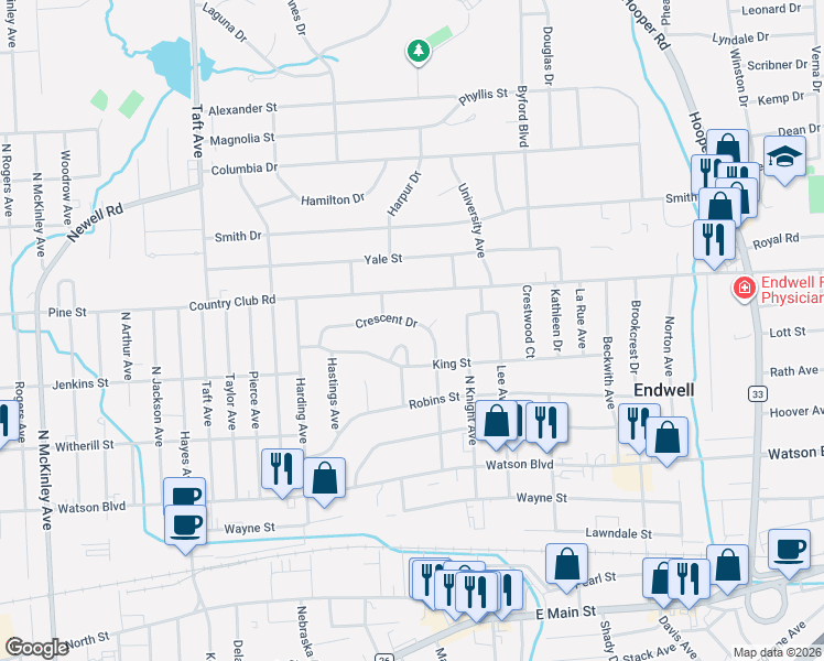 map of restaurants, bars, coffee shops, grocery stores, and more near 2820 Crescent Drive in Endicott