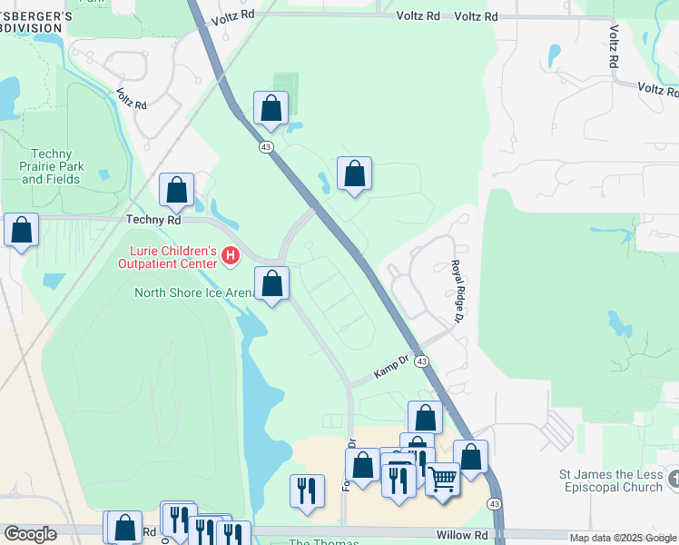 map of restaurants, bars, coffee shops, grocery stores, and more near 1143 Adams Street in Northbrook