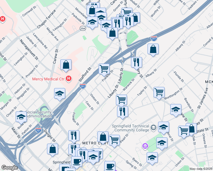map of restaurants, bars, coffee shops, grocery stores, and more near 396 Liberty Street in Springfield