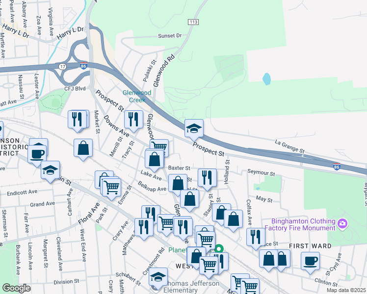 map of restaurants, bars, coffee shops, grocery stores, and more near 287 Prospect Street in Binghamton