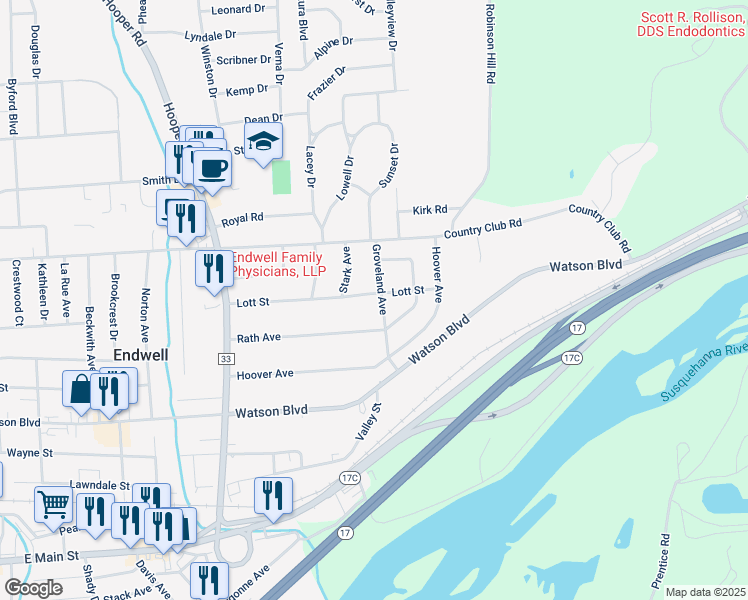 map of restaurants, bars, coffee shops, grocery stores, and more near 303 Groveland Avenue in Endicott