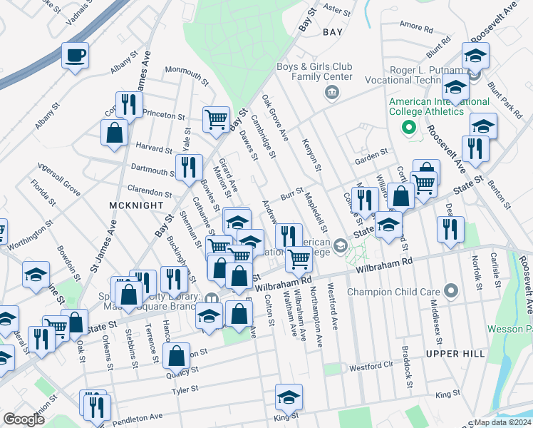 map of restaurants, bars, coffee shops, grocery stores, and more near 66 Andrew Street in Springfield