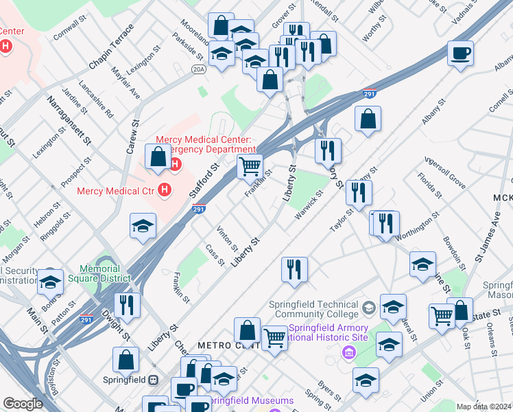 map of restaurants, bars, coffee shops, grocery stores, and more near 396 Liberty Street in Springfield