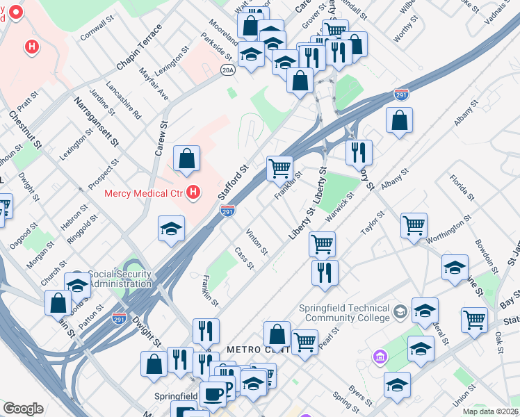 map of restaurants, bars, coffee shops, grocery stores, and more near 334 Franklin Street in Springfield