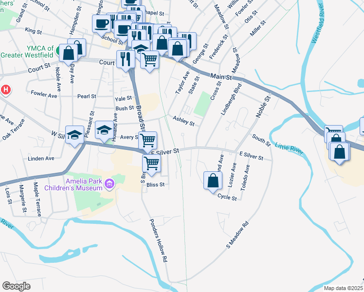 map of restaurants, bars, coffee shops, grocery stores, and more near 27 East Silver Street in Westfield