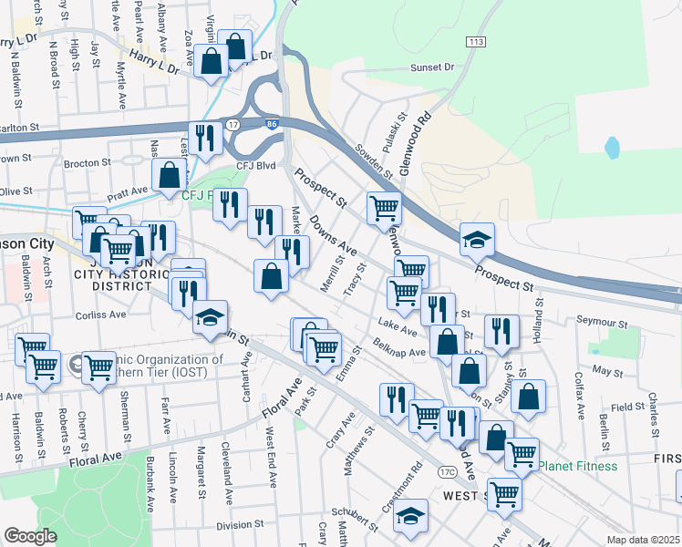 map of restaurants, bars, coffee shops, grocery stores, and more near 50 Lake Avenue in Binghamton