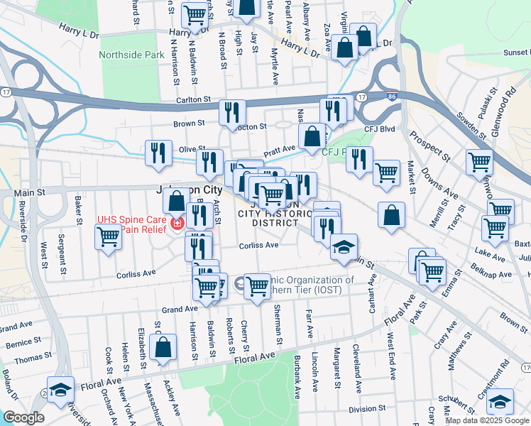 map of restaurants, bars, coffee shops, grocery stores, and more near 23 Lewis Street in Johnson City