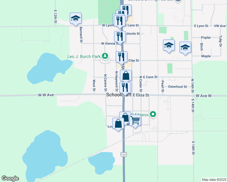 map of restaurants, bars, coffee shops, grocery stores, and more near in Schoolcraft