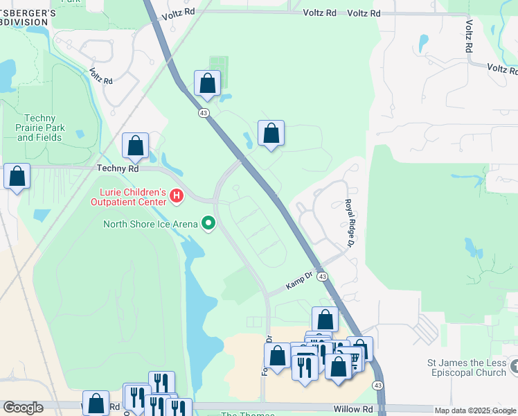 map of restaurants, bars, coffee shops, grocery stores, and more near 1143 Adams Street in Northbrook