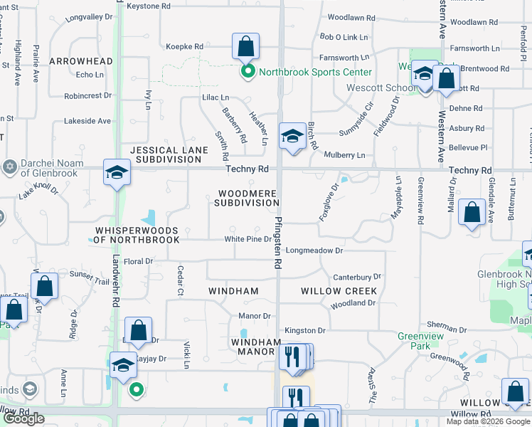 map of restaurants, bars, coffee shops, grocery stores, and more near 2148 Pfingsten Road in Northbrook