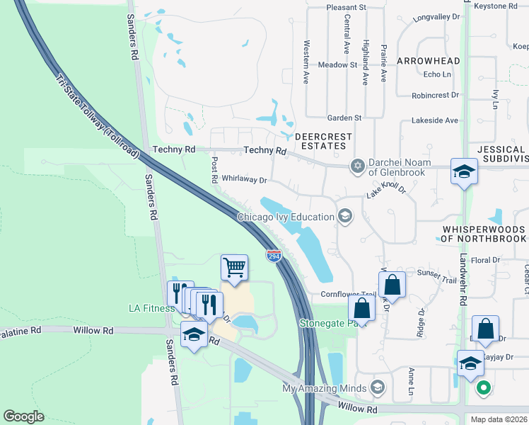 map of restaurants, bars, coffee shops, grocery stores, and more near 2149 Post Road in Northbrook