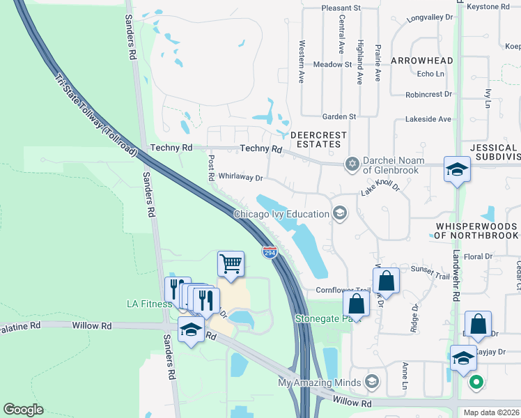 map of restaurants, bars, coffee shops, grocery stores, and more near 2149 Post Road in Northbrook