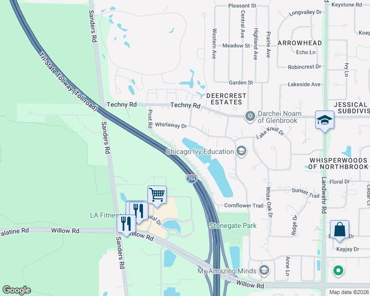 map of restaurants, bars, coffee shops, grocery stores, and more near 2149 Post Road in Northbrook