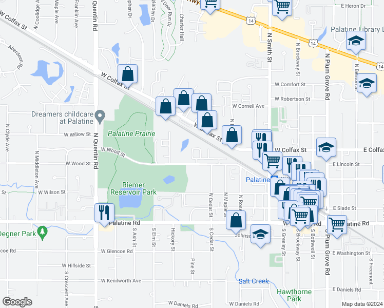 map of restaurants, bars, coffee shops, grocery stores, and more near 475 West Mahogany Court in Palatine