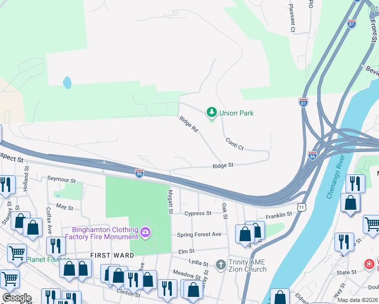 map of restaurants, bars, coffee shops, grocery stores, and more near 21 Ridge St in Binghamton