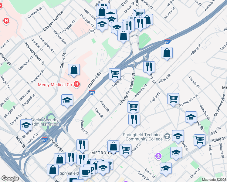 map of restaurants, bars, coffee shops, grocery stores, and more near 38-40 Webster Street in Springfield