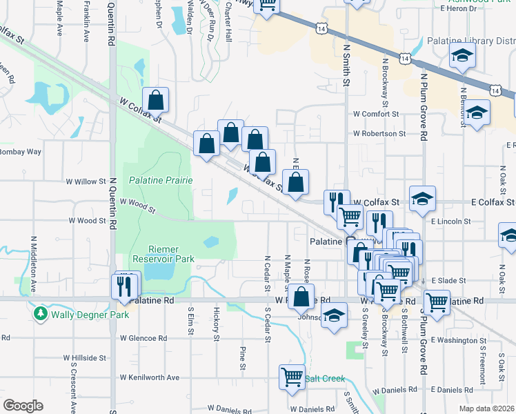 map of restaurants, bars, coffee shops, grocery stores, and more near 432 West Wood Street in Palatine