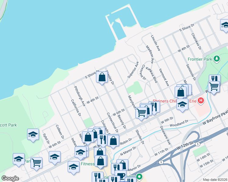 map of restaurants, bars, coffee shops, grocery stores, and more near 430 Shenley Drive in Erie