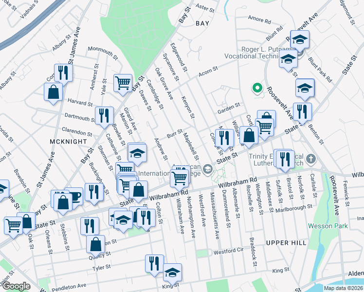 map of restaurants, bars, coffee shops, grocery stores, and more near 50 Montrose Street in Springfield