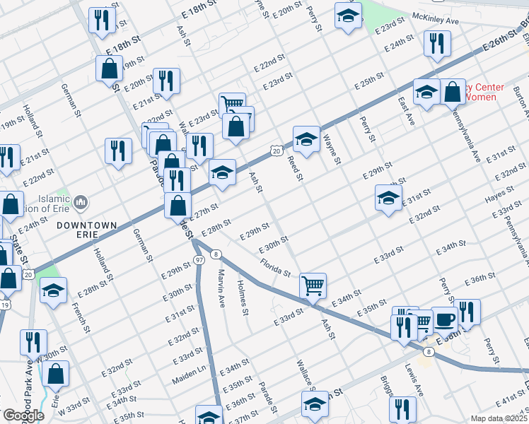 map of restaurants, bars, coffee shops, grocery stores, and more near 2810 Ash Street in Erie