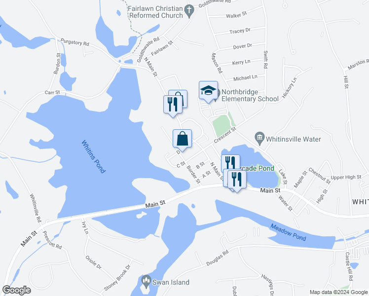 map of restaurants, bars, coffee shops, grocery stores, and more near 22 D Street in Northbridge