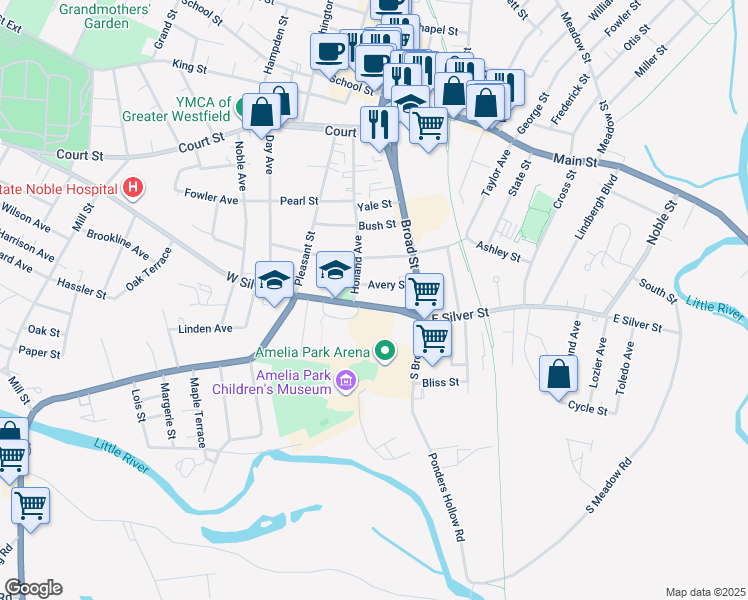 map of restaurants, bars, coffee shops, grocery stores, and more near 15 West Silver Street in Westfield