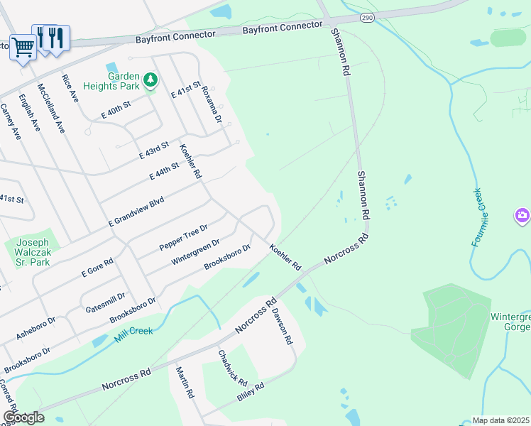 map of restaurants, bars, coffee shops, grocery stores, and more near 4844 Avellino Drive in Erie