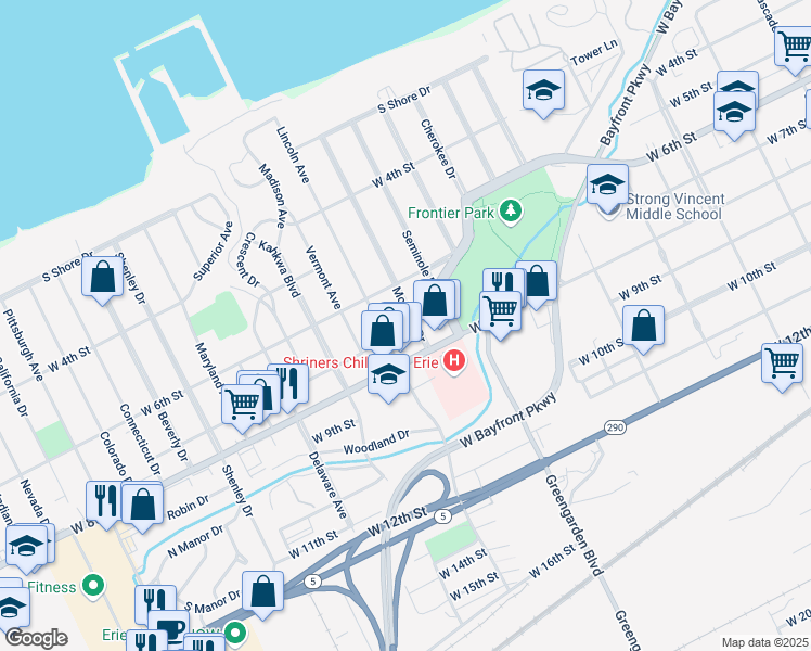 map of restaurants, bars, coffee shops, grocery stores, and more near 712 Mohawk Drive in Erie