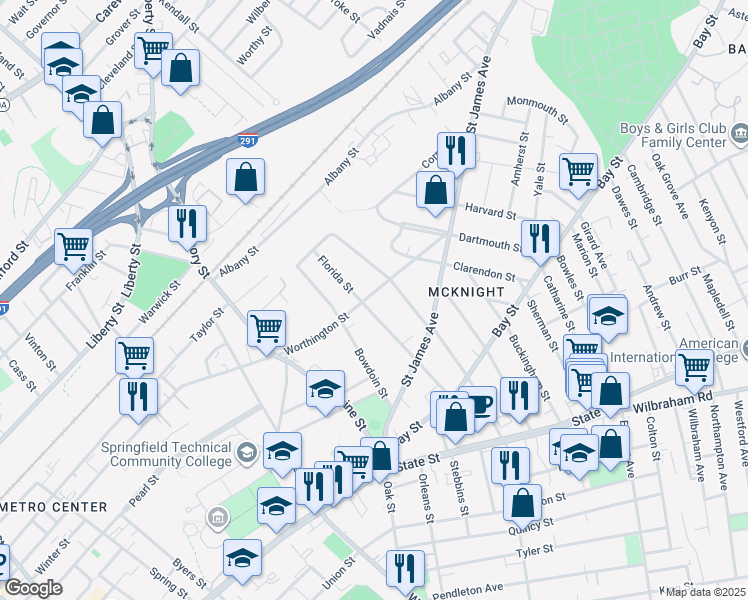 map of restaurants, bars, coffee shops, grocery stores, and more near 110 Florida Street in Springfield