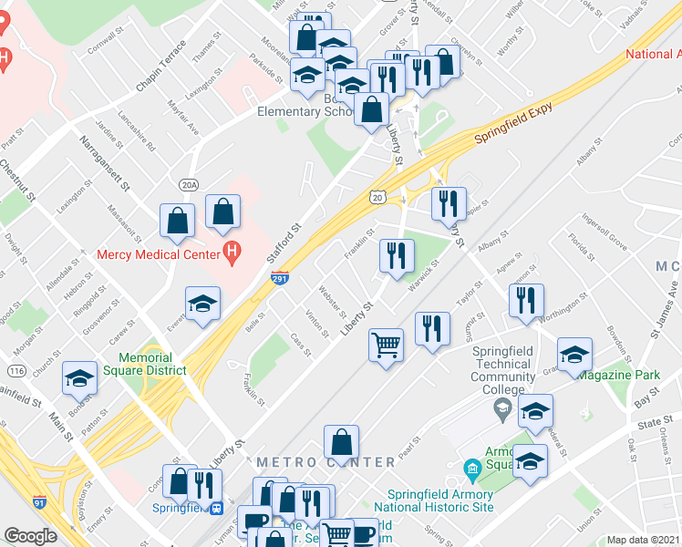 map of restaurants, bars, coffee shops, grocery stores, and more near 38-40 Webster Street in Springfield