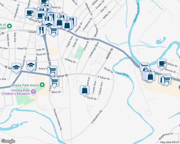 map of restaurants, bars, coffee shops, grocery stores, and more near 51 East Silver Street in Westfield