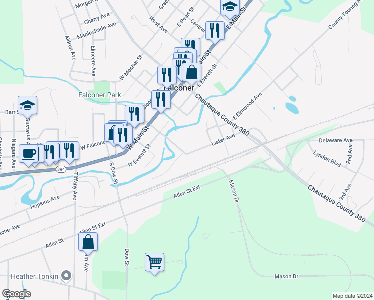 map of restaurants, bars, coffee shops, grocery stores, and more near 260 Lister Avenue in Falconer