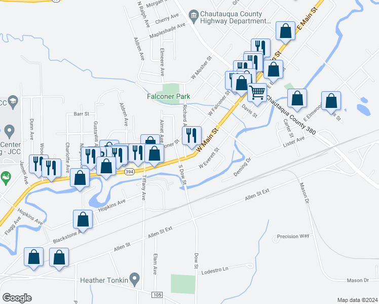 map of restaurants, bars, coffee shops, grocery stores, and more near 411 West Everett Street in Falconer