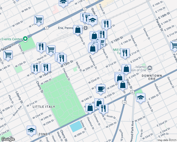 map of restaurants, bars, coffee shops, grocery stores, and more near 258 West 21st Street in Erie