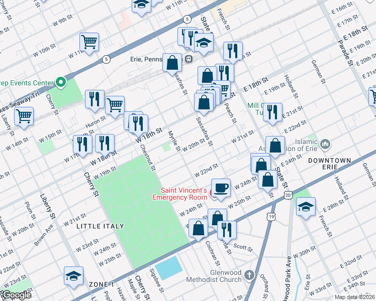 map of restaurants, bars, coffee shops, grocery stores, and more near 258 West 21st Street in Erie