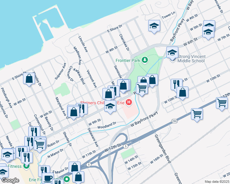 map of restaurants, bars, coffee shops, grocery stores, and more near 712 Mohawk Drive in Erie