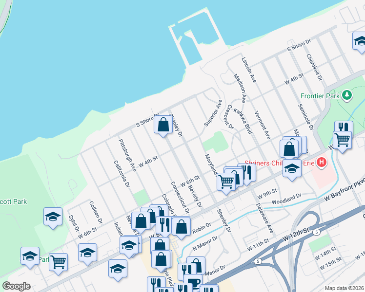 map of restaurants, bars, coffee shops, grocery stores, and more near 430 Shenley Drive in Erie