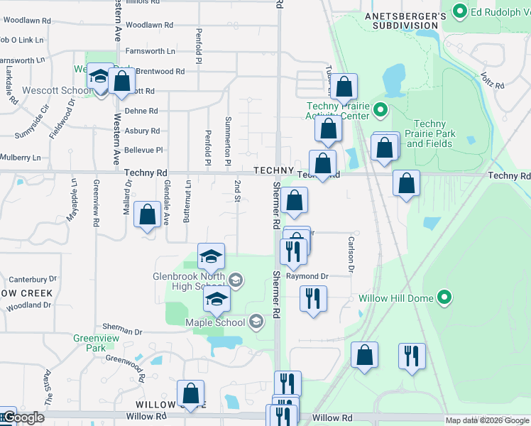 map of restaurants, bars, coffee shops, grocery stores, and more near in Northbrook