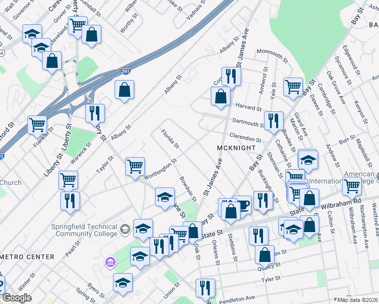 map of restaurants, bars, coffee shops, grocery stores, and more near 110 Florida Street in Springfield