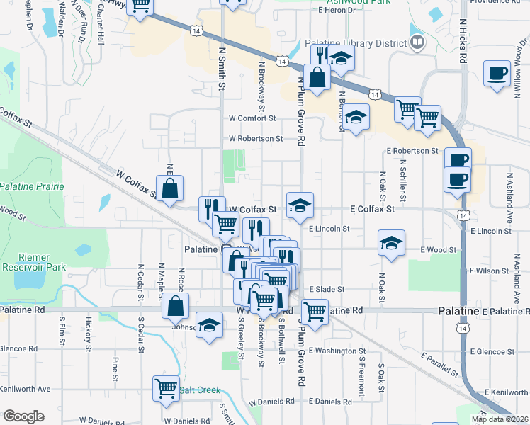 map of restaurants, bars, coffee shops, grocery stores, and more near 156 North Bothwell Street in Palatine