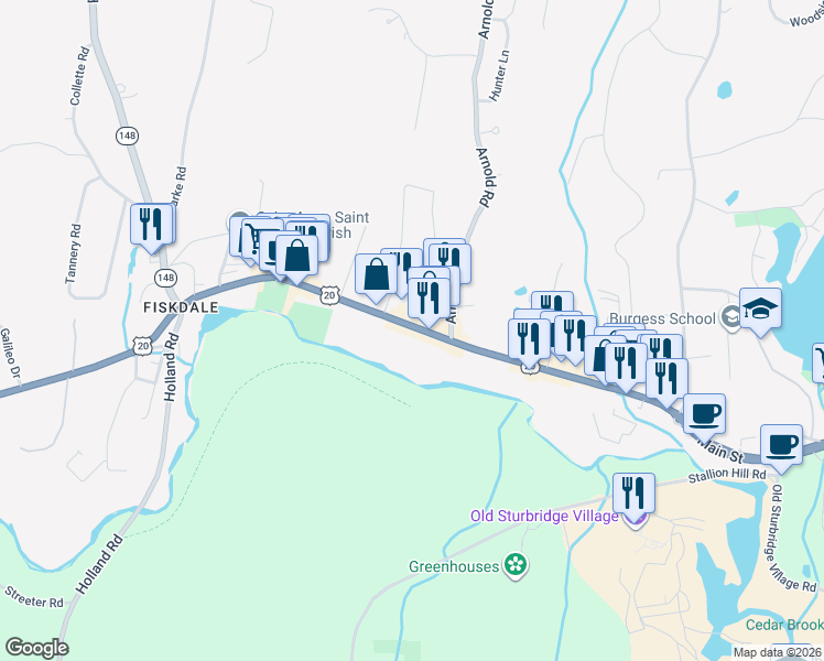 map of restaurants, bars, coffee shops, grocery stores, and more near 489 Main Street in Sturbridge