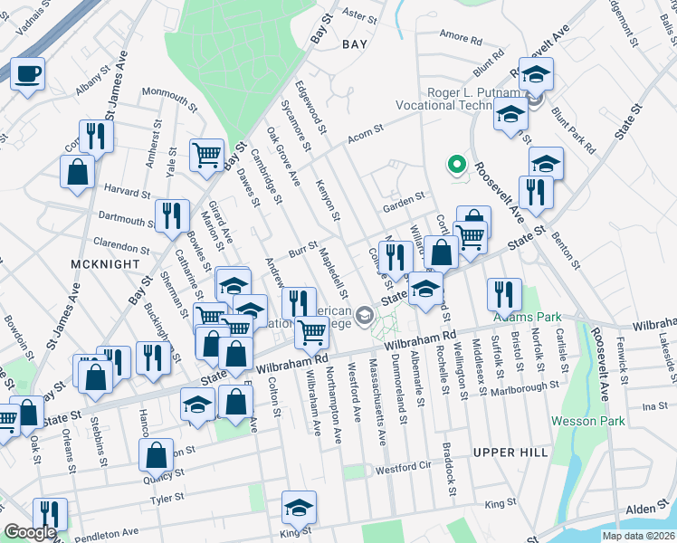 map of restaurants, bars, coffee shops, grocery stores, and more near 32 Mapledell Street in Springfield