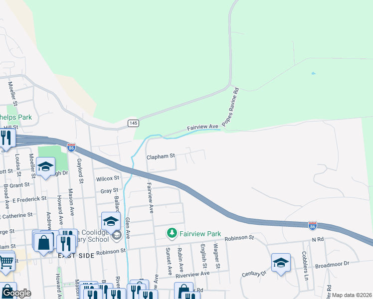 map of restaurants, bars, coffee shops, grocery stores, and more near 53-71 East Street in Binghamton