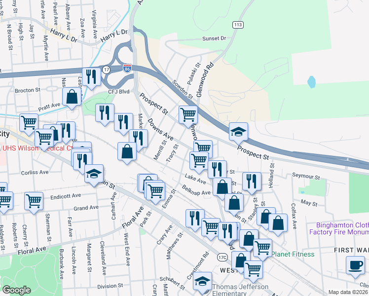 map of restaurants, bars, coffee shops, grocery stores, and more near 25 Miles Street in Binghamton