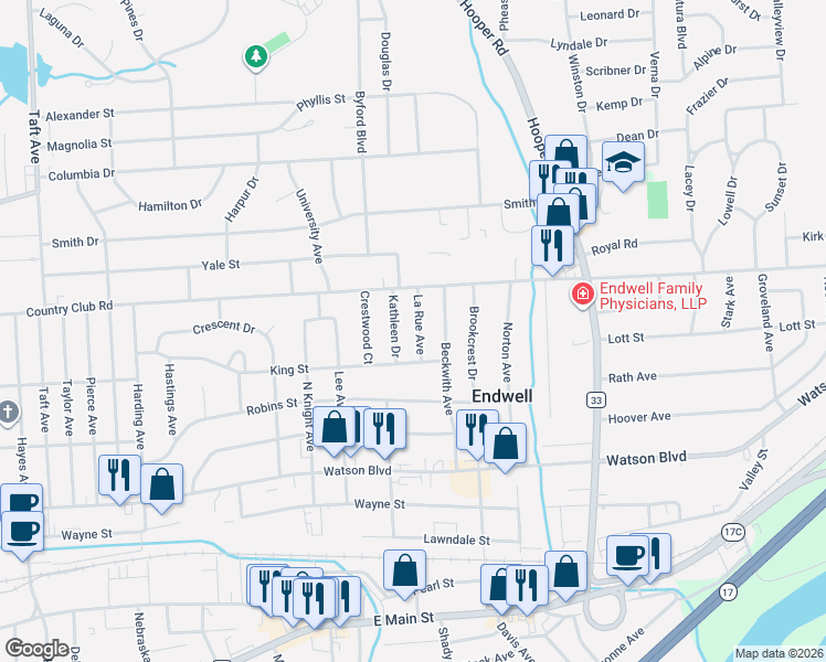 map of restaurants, bars, coffee shops, grocery stores, and more near 3119 King Street in Endicott