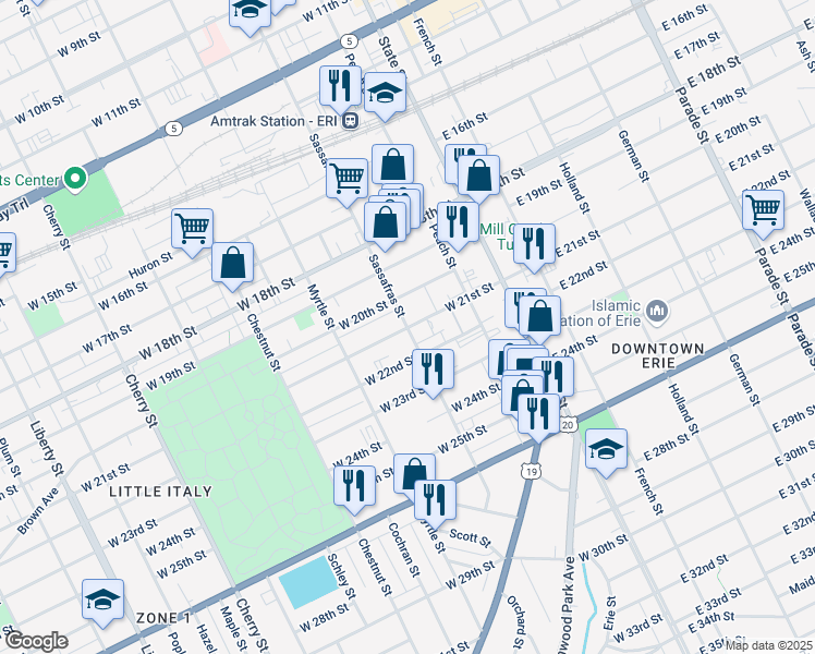 map of restaurants, bars, coffee shops, grocery stores, and more near West 21st Street & Sassafras Street in Erie