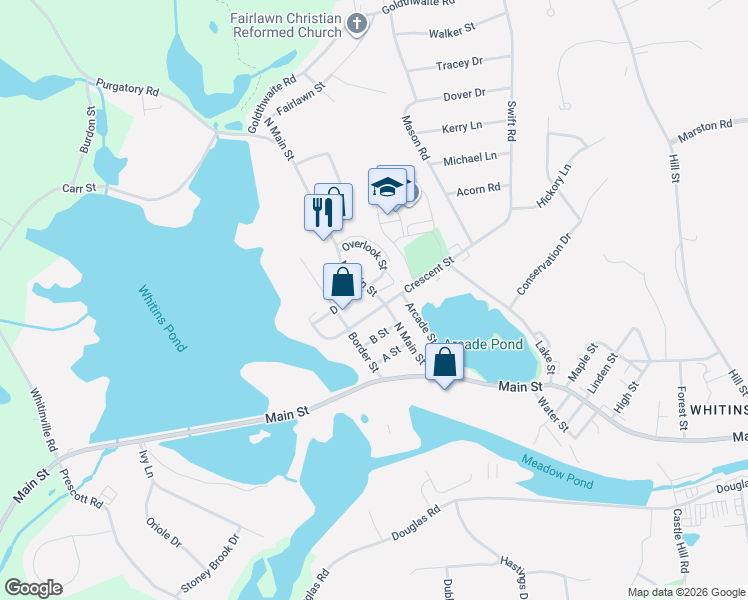 map of restaurants, bars, coffee shops, grocery stores, and more near 117 North Main Street in Northbridge