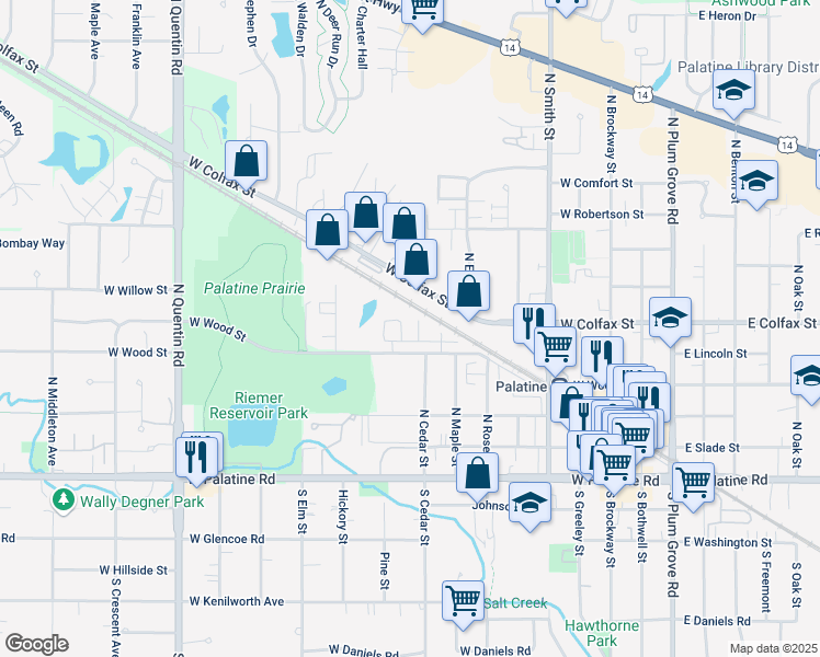 map of restaurants, bars, coffee shops, grocery stores, and more near 410 West Mahogany Court in Palatine