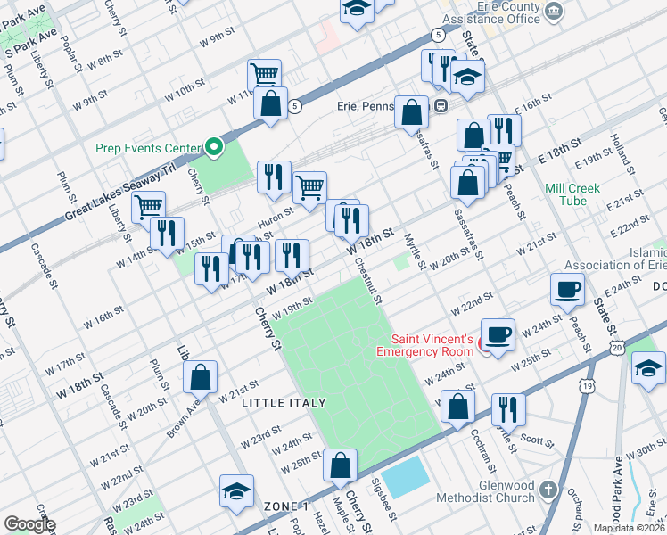 map of restaurants, bars, coffee shops, grocery stores, and more near 452 West 19th Street in Erie