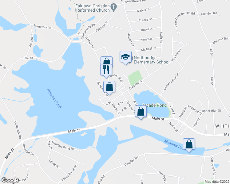 map of restaurants, bars, coffee shops, grocery stores, and more near 7 D Street in Northbridge